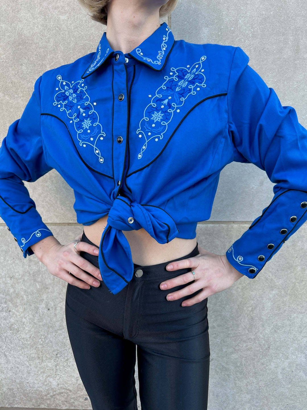 90s Blue Rayon Western Snap Shirt, Embroidery &  Rhinestones, Scully