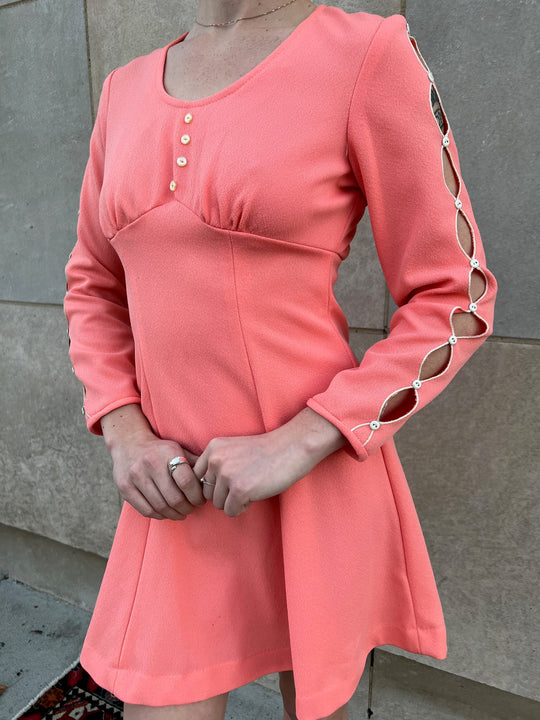 60s Peach Polyester Mini Dress,  Keyhole Sleeves
