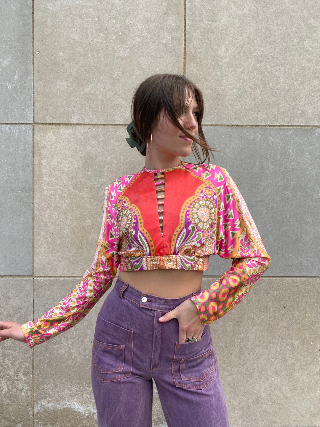 70s Orange, Pink, and Green Paisley Nylon Cropped Top