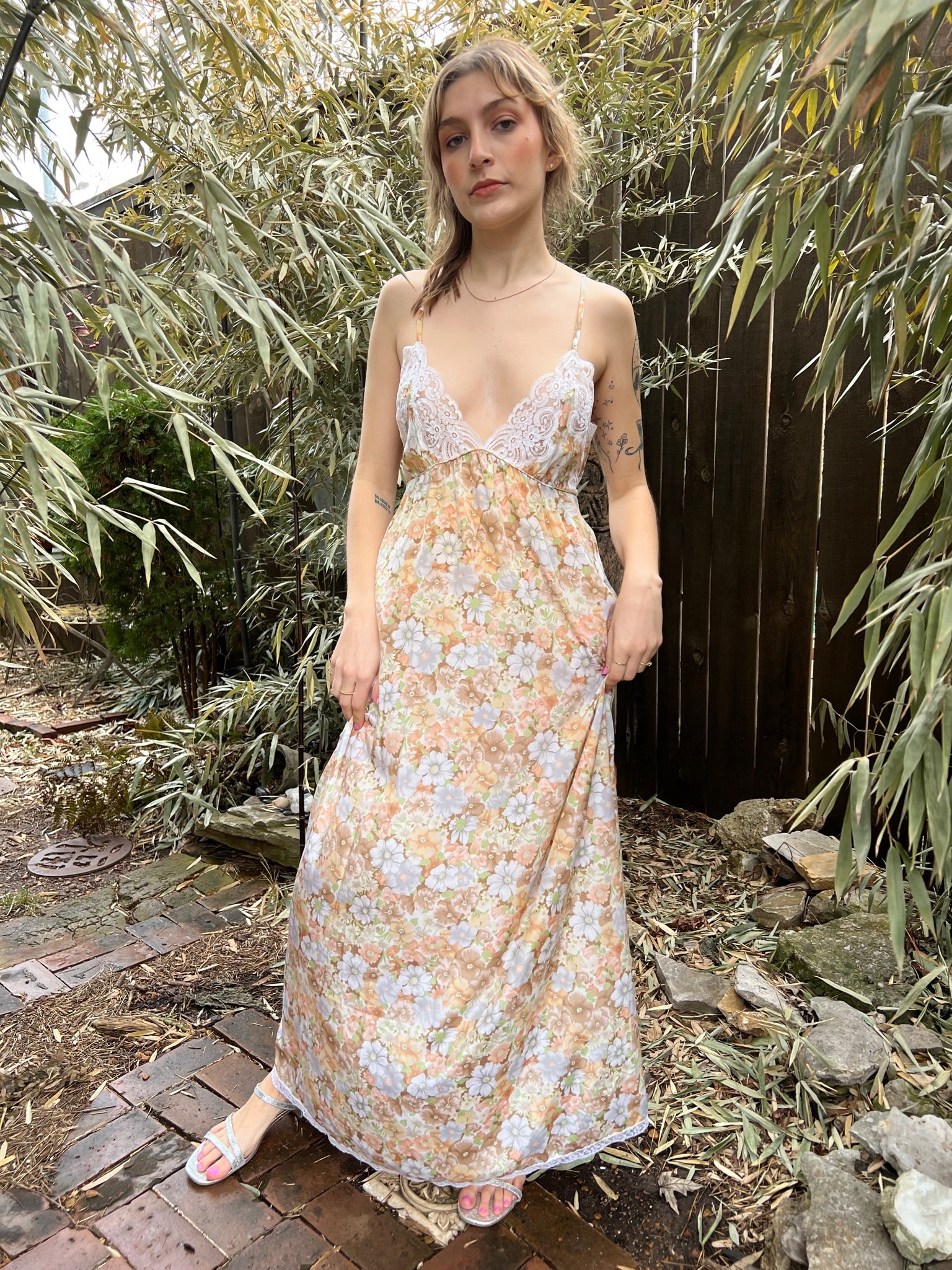 70s Peach Floral Nylon Peignoir Robe Set Christian Dior