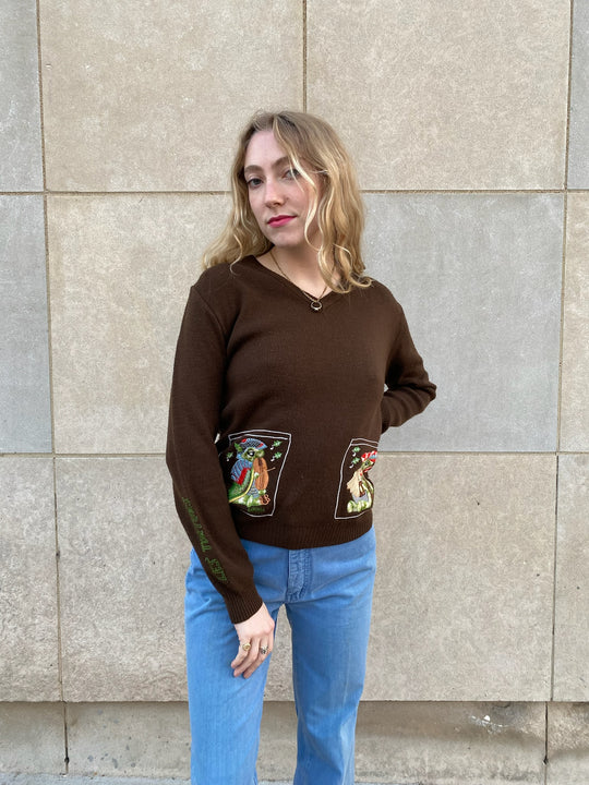 70s Brown Acrylic Sweater, French Turtle Appliqué