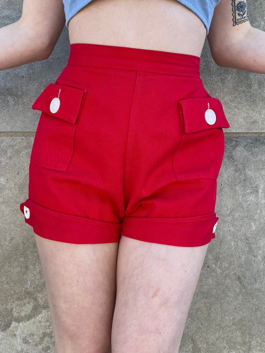 50s Vintage Red Cotton Pin-Up Shorts, White Buttons