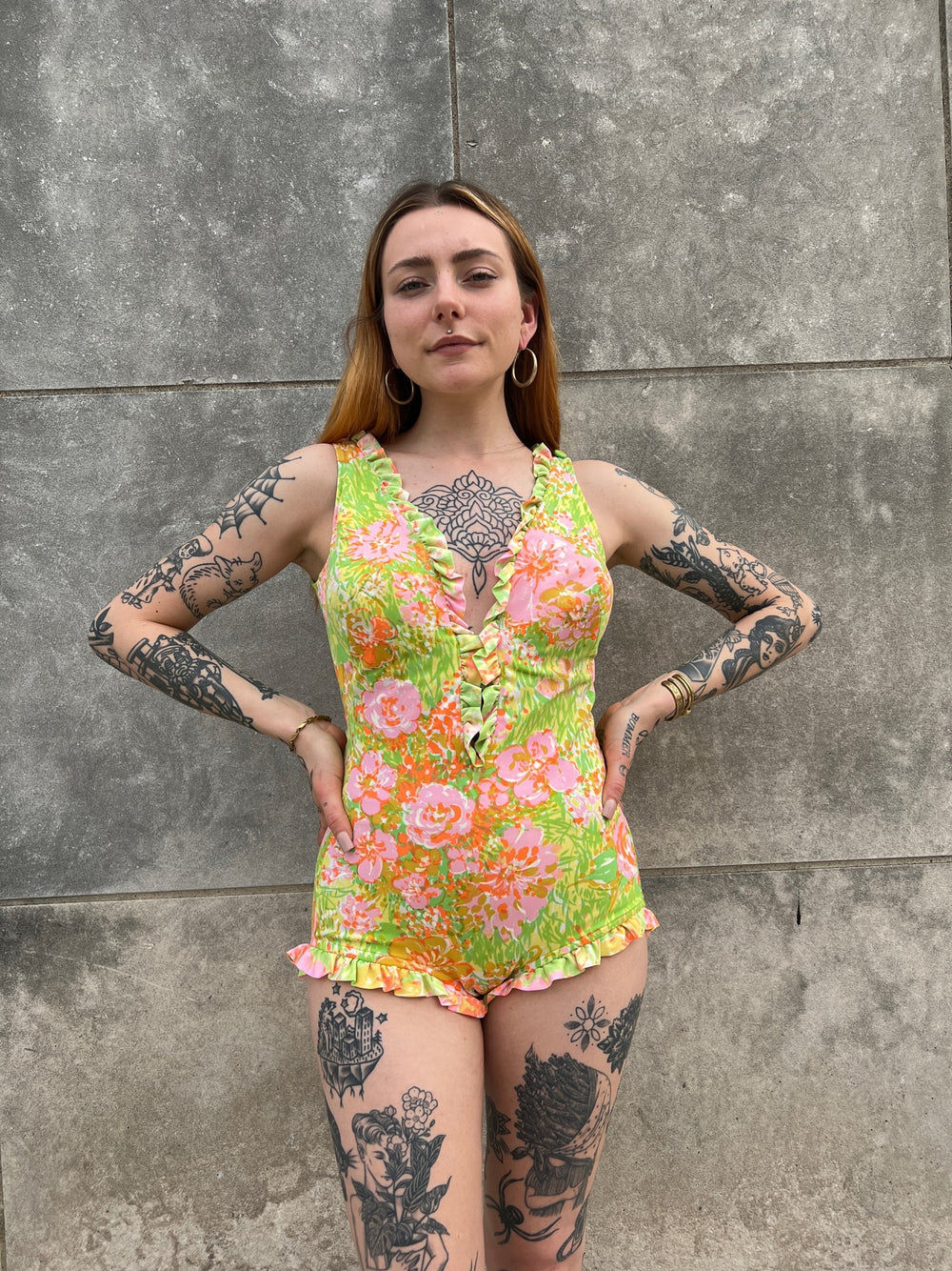 70s Vintage Pink and Green Floral Swimsuit Set