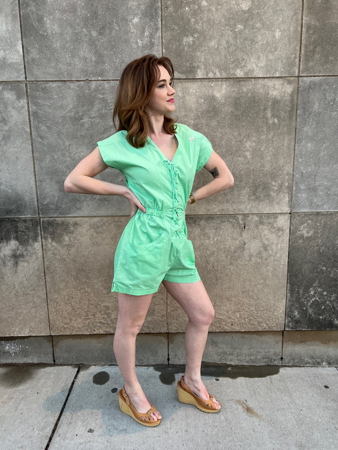 80s Green Cotton Romper, Nok Nok