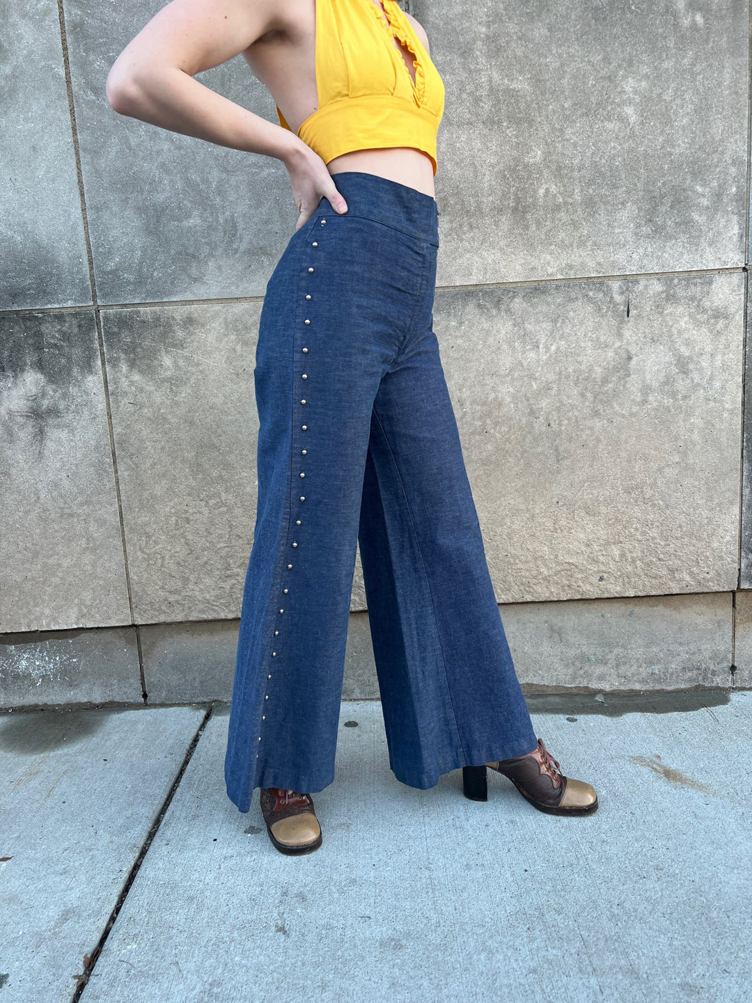 70s Bell Bottom Denim Jeans, Studs down the Sides