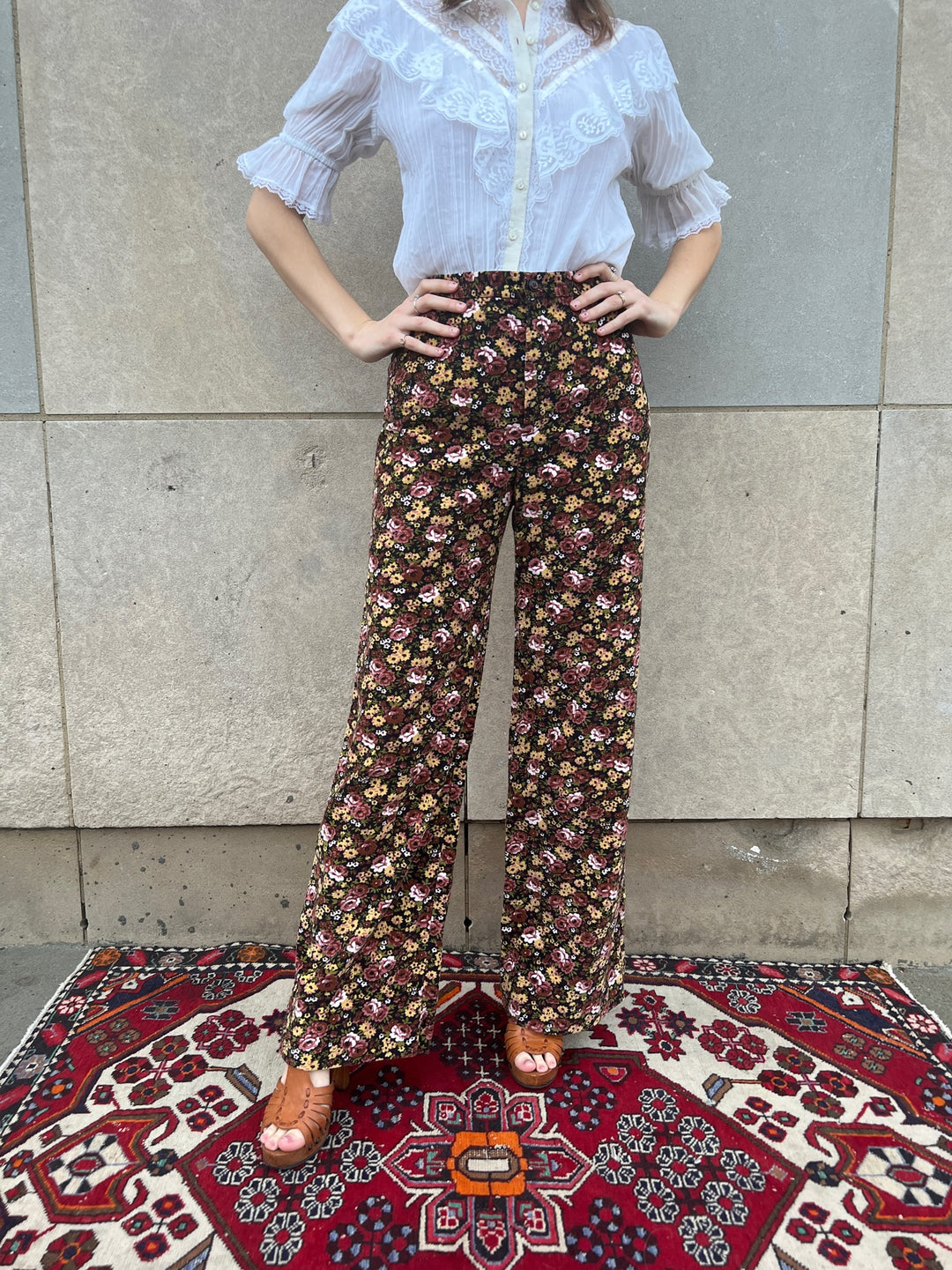 70s Brown Calico Floral Corduroy Bell Bottom Pants