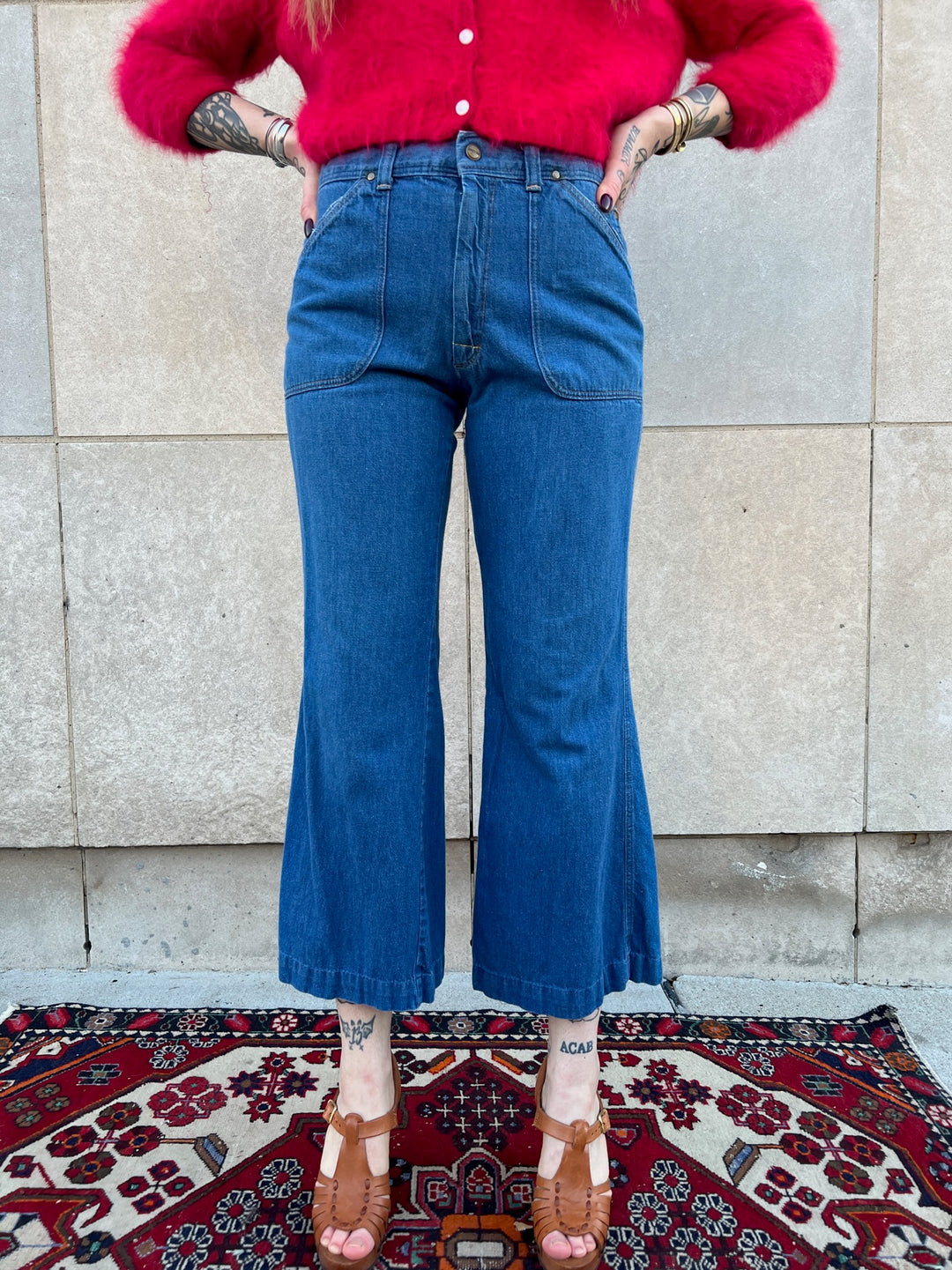 70s Bell bottom denim jeans, zipper back pockets