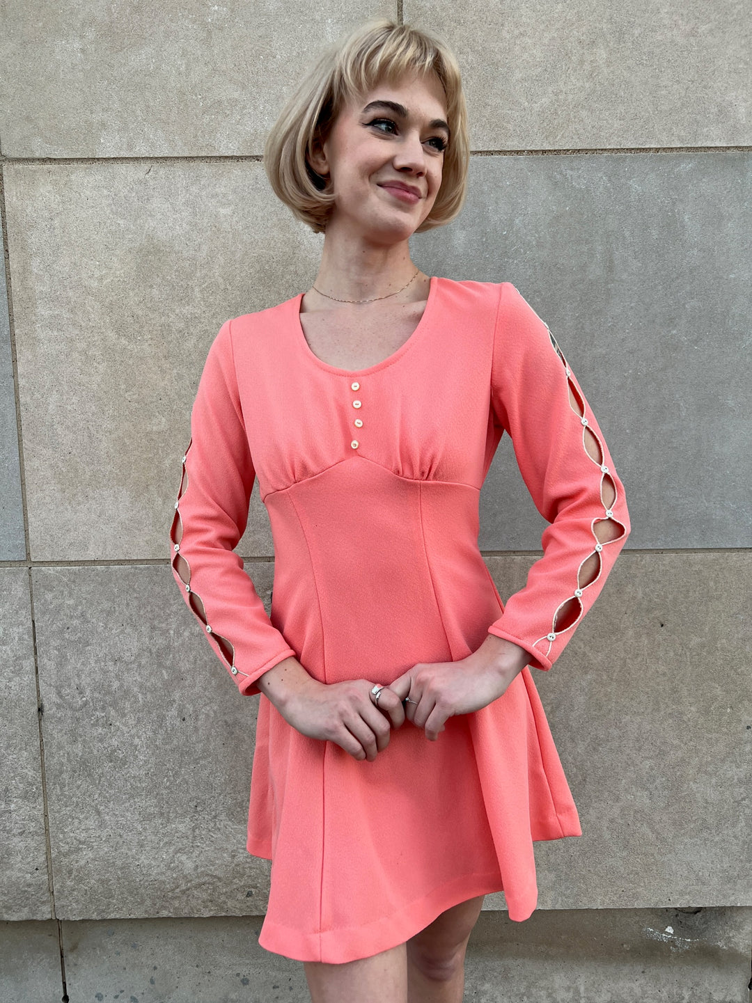 60s Peach Polyester Mini Dress, Keyhole Sleeves 60s Peach Polyester Mini Dress, Keyhole Sleeves