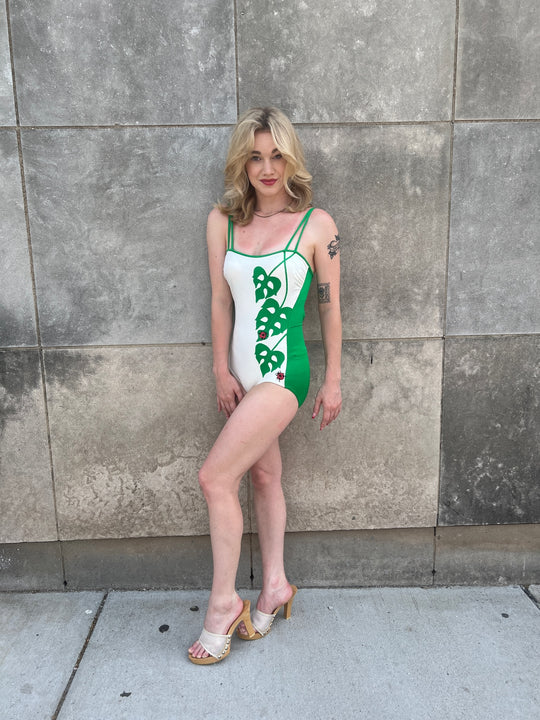 70s Green White 1 pc Swimsuit with Monstera and Ladybugs