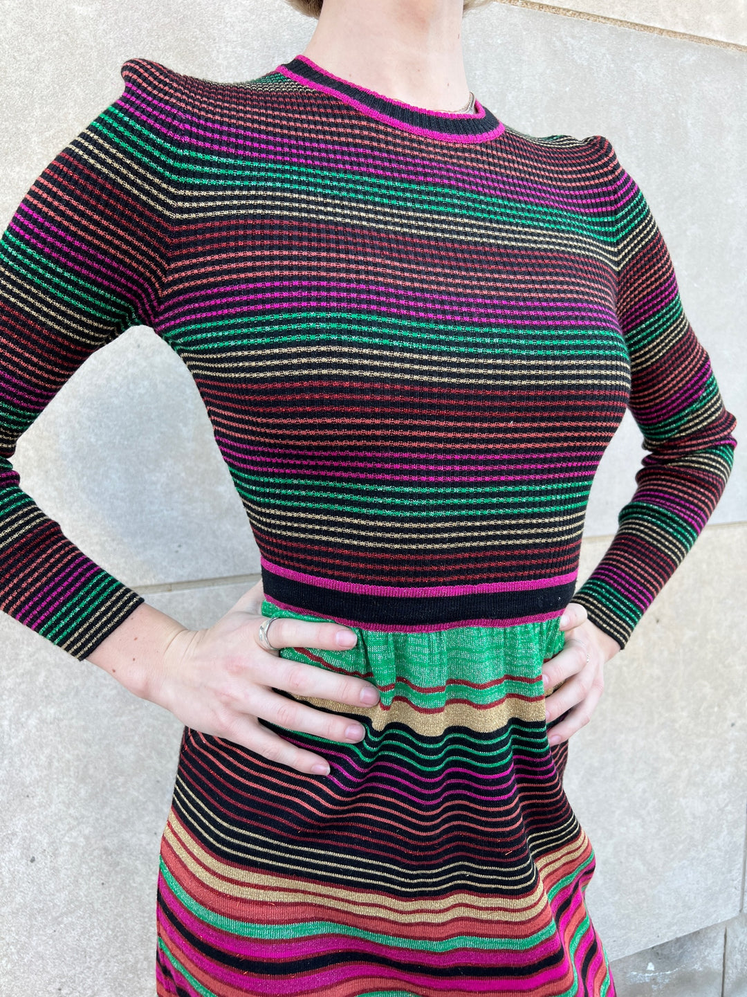70s Rainbow Stripe Poly Knit Maxi Dress