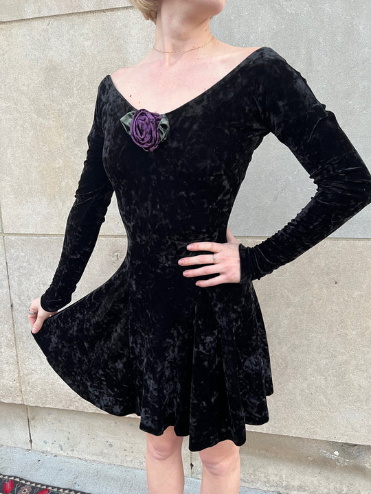 80s Black Velvet Mini Dress, Betsey Johnson
