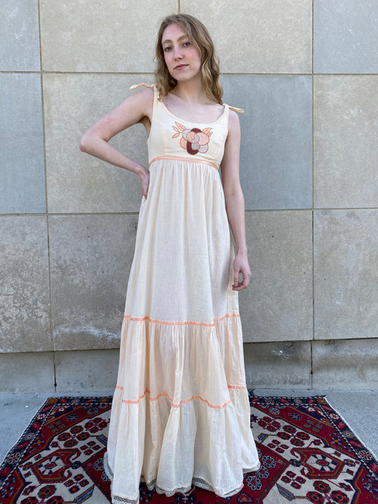 70s Peach Cotton Maxi with Floral Applique, Young Edwardian