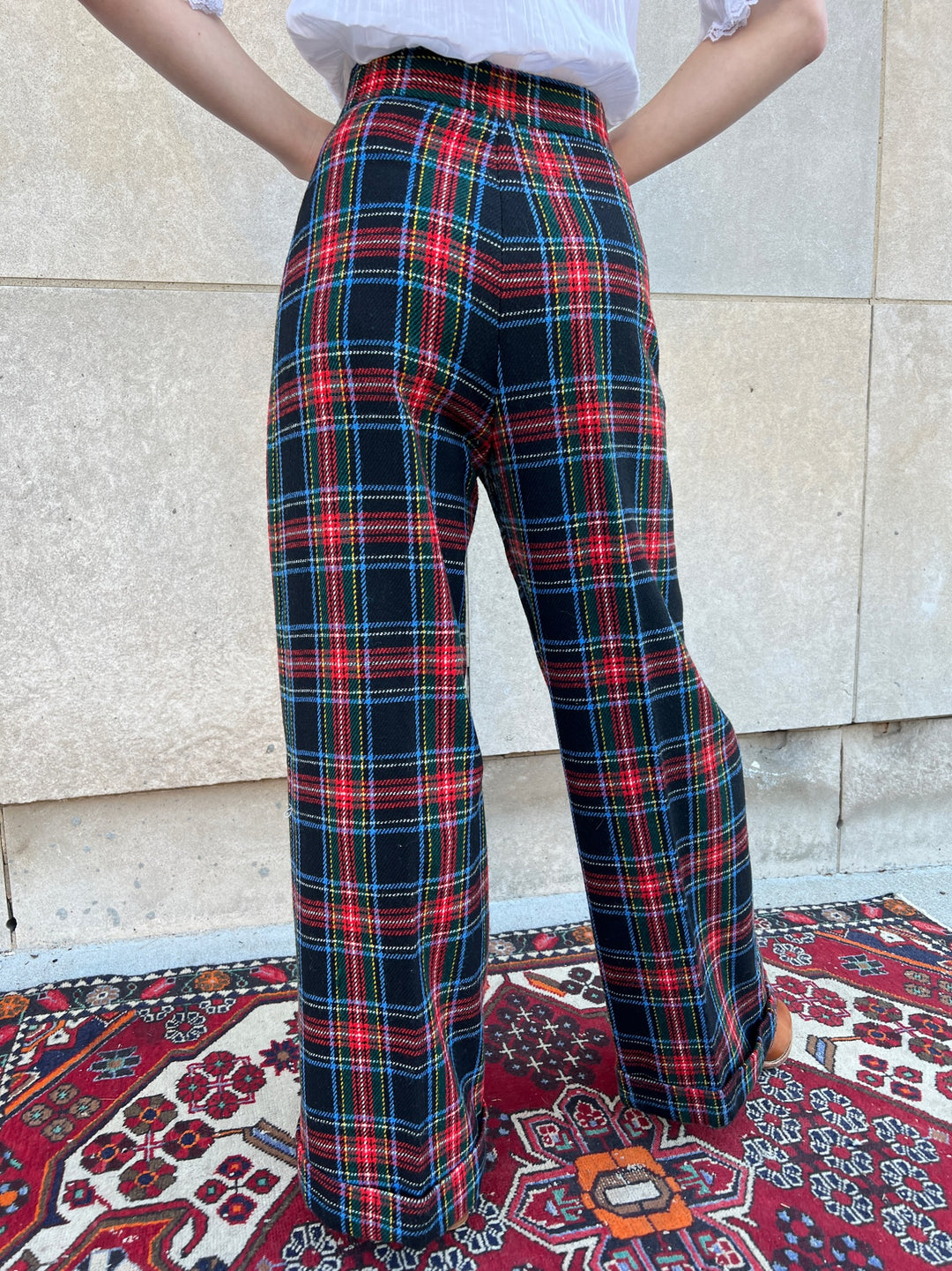 70s Red Plaid Wool Bell Bottom Pants, Prestige of Boston