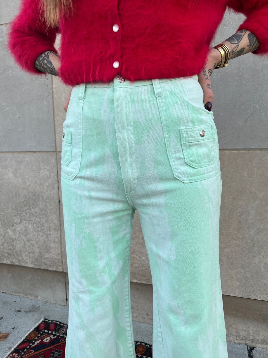 70s Mint Green Acid Wash Bell Bottom Denim Jeans