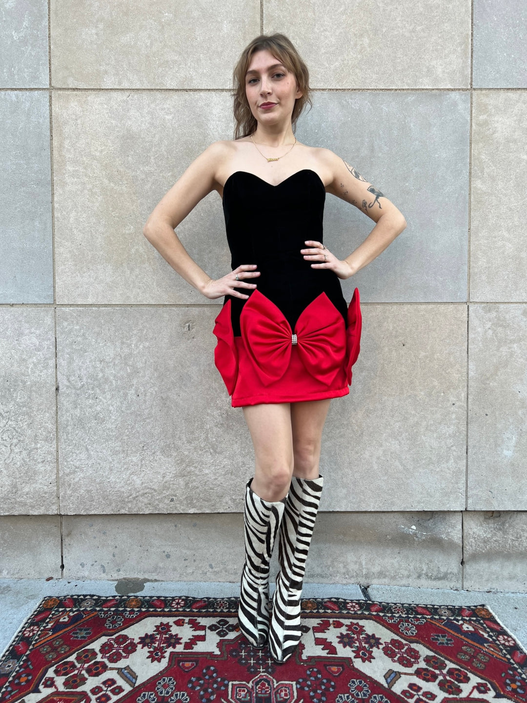 80s Black Velvet Red Dress, Bow Detail