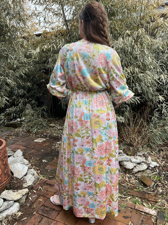 70s Tan Floral Nylon Peignoir Robe Set, Vanity Fair
