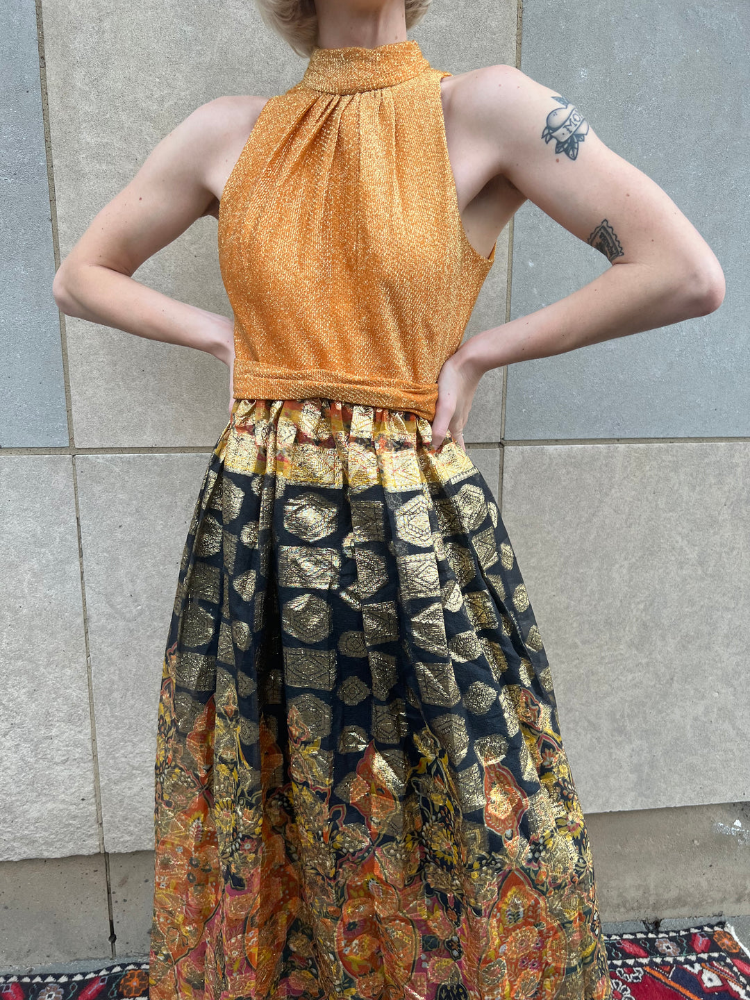 70s Orange Lamé Brocade Sleeveless Floral Maxi Dress