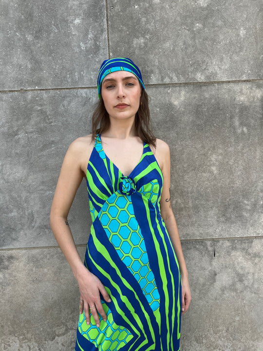 70s Green Blue Vintage Swimsuit Set, Kamehameha