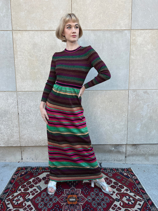 70s Rainbow Stripe Poly Knit Maxi Dress