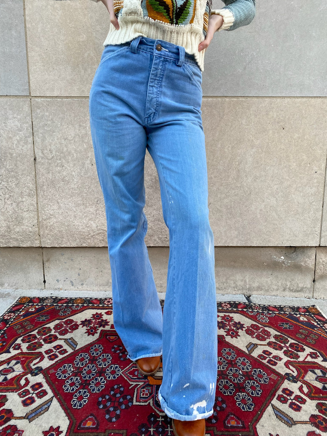 70s Vintage Denim Bellbottom Jeans, Appliqué Pockets by Just Pants