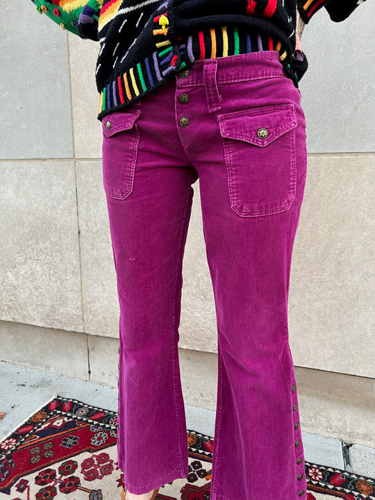 70s Purple Corduroy Bell Bottom Pants, Brass Buttons, Lady Wrangler