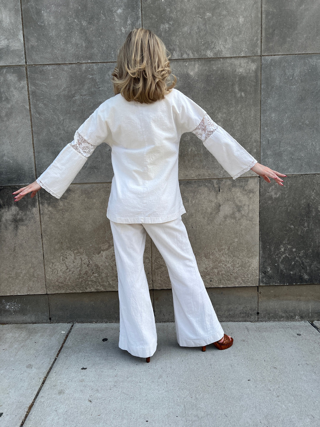 70s Ivory Cotton 2 pc Pantsuit, Crochet Cutouts