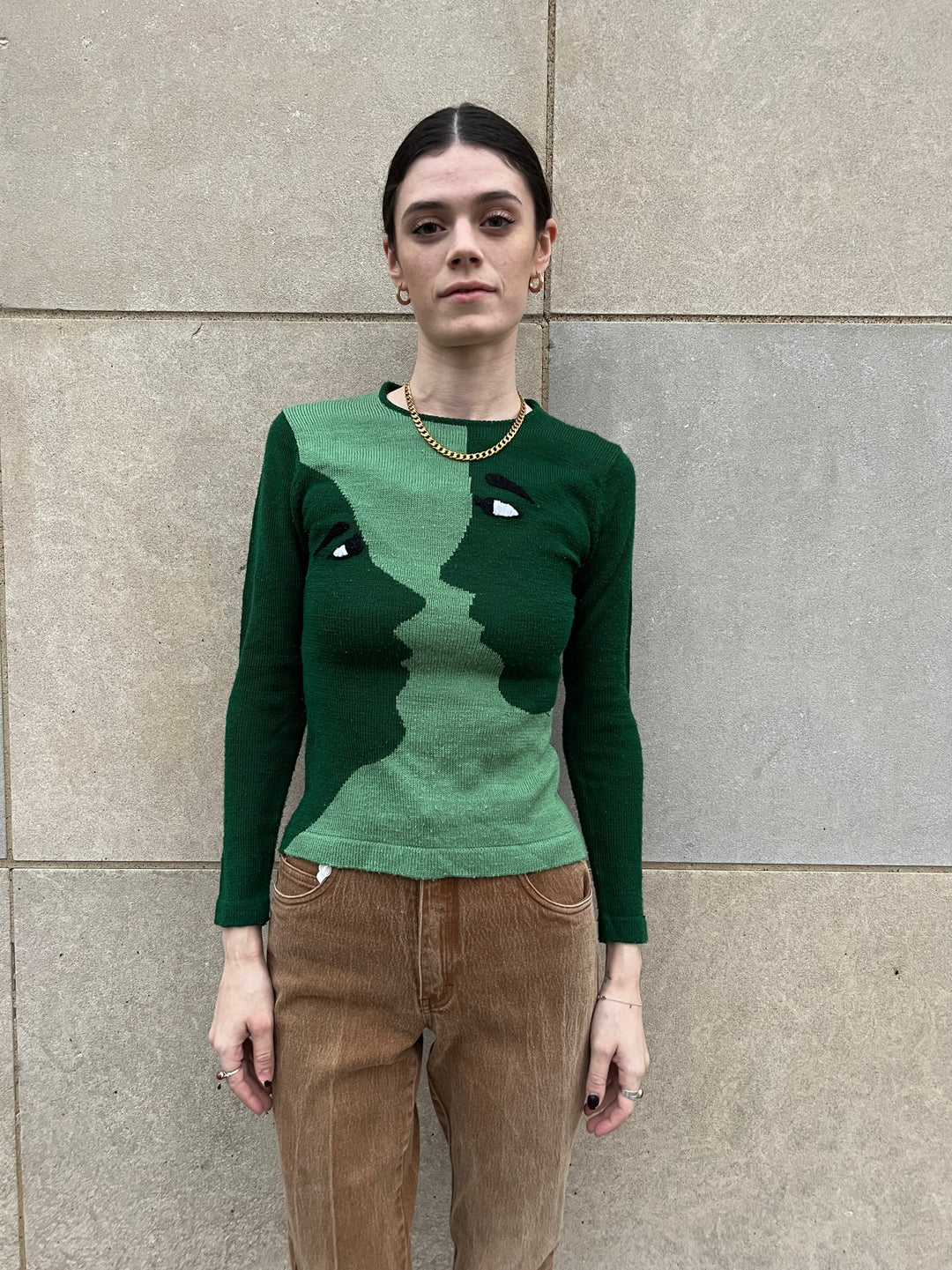 70s 2-Tone Green Acrylic Sweater with 2 Faces, Pronto
