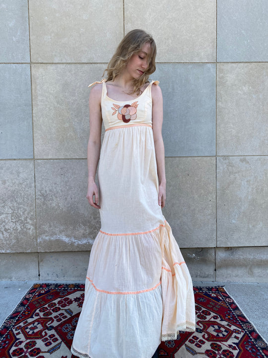 70s Peach Cotton Maxi with Floral Applique, Young Edwardian