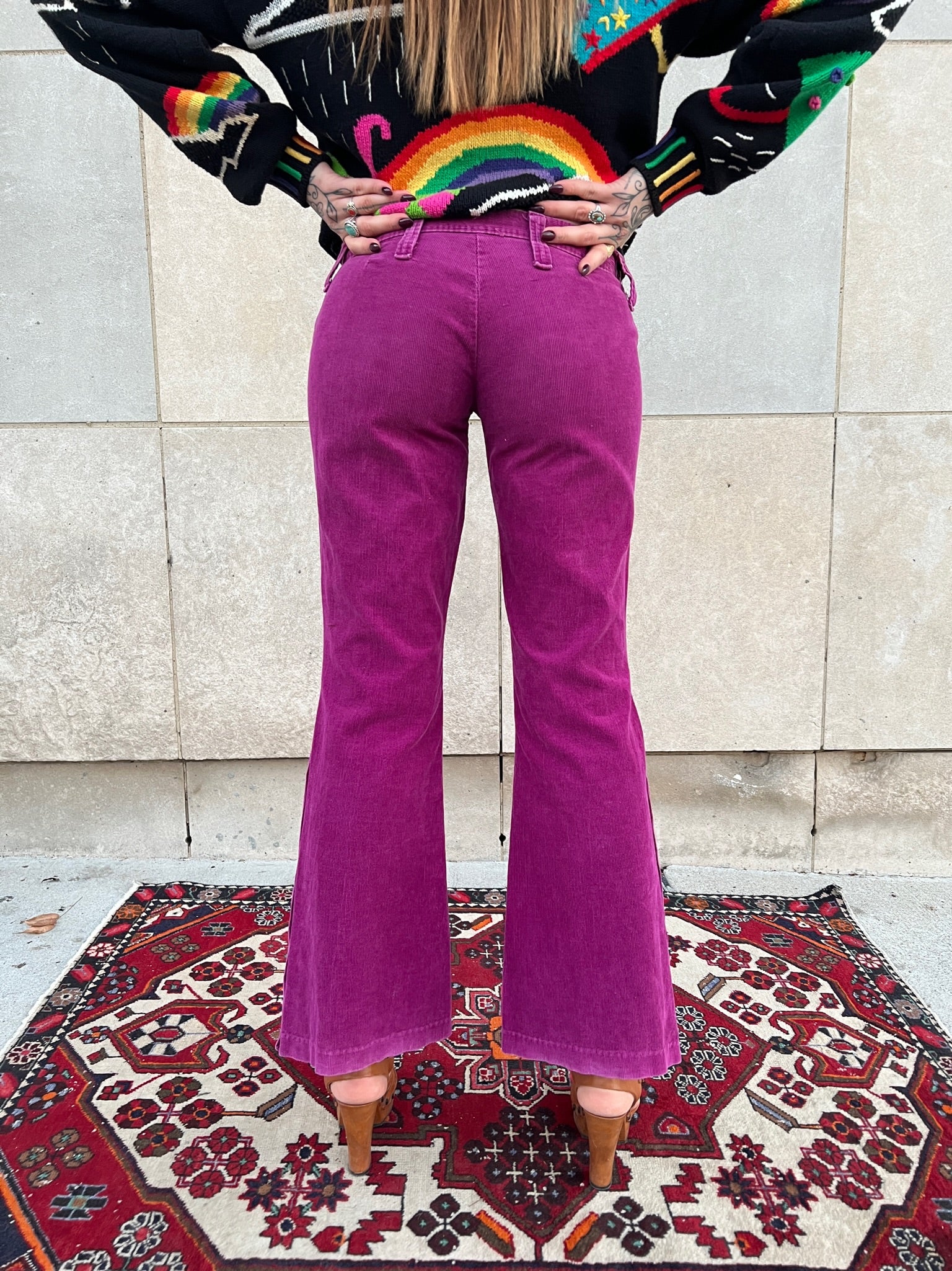 70s Purple Corduroy Bell Bottom Pants, Brass Buttons, Lady