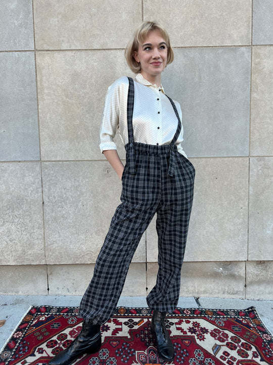 80s Black and White Plaid Pants with Suspenders