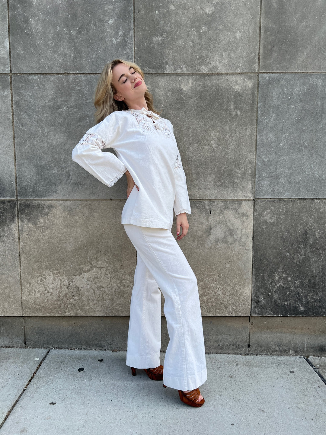 70s Ivory Cotton 2 pc Pantsuit, Crochet Cutouts