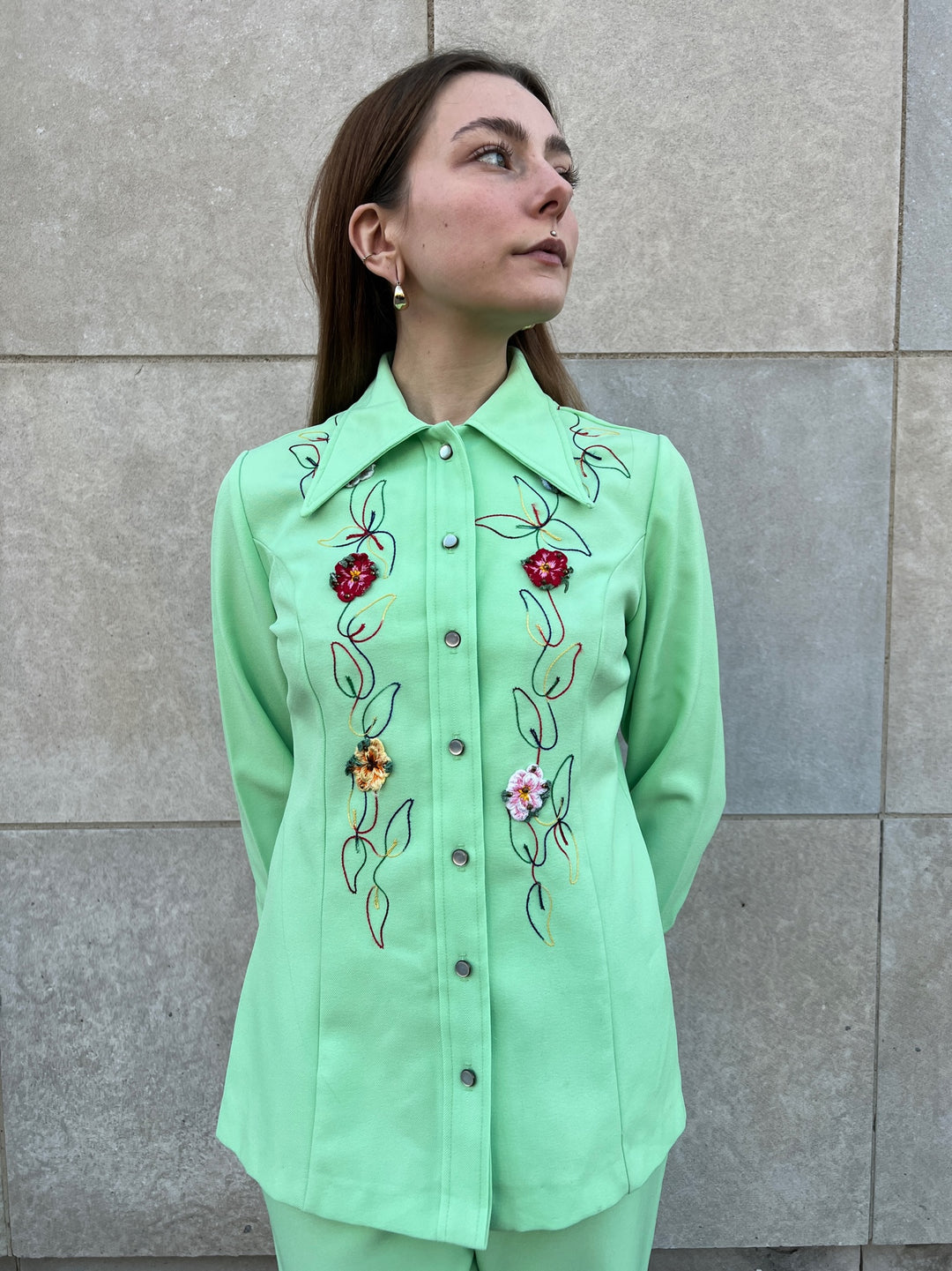 70s Green Polyester Western Pant Suit, Embroidered