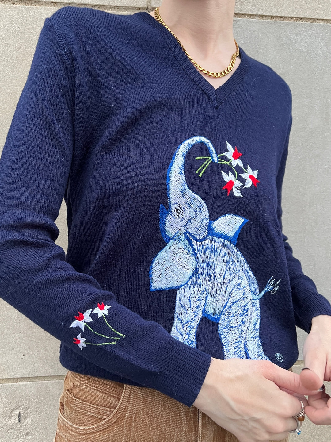 70s Blue Acrylic Novelty Sweater, Elephant Appliqué, Cyn Les