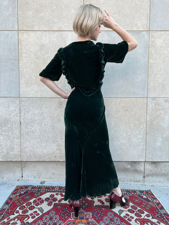 30s Green Silk Velvet Dress, Bias Cut