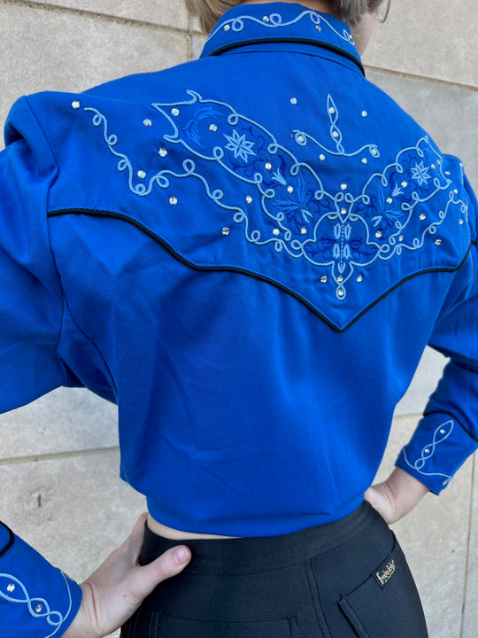 90s Blue Rayon Western Snap Shirt, Embroidery &  Rhinestones, Scully