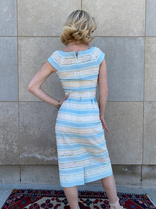 50s Light Blue Sheath Dress with Lace Panels