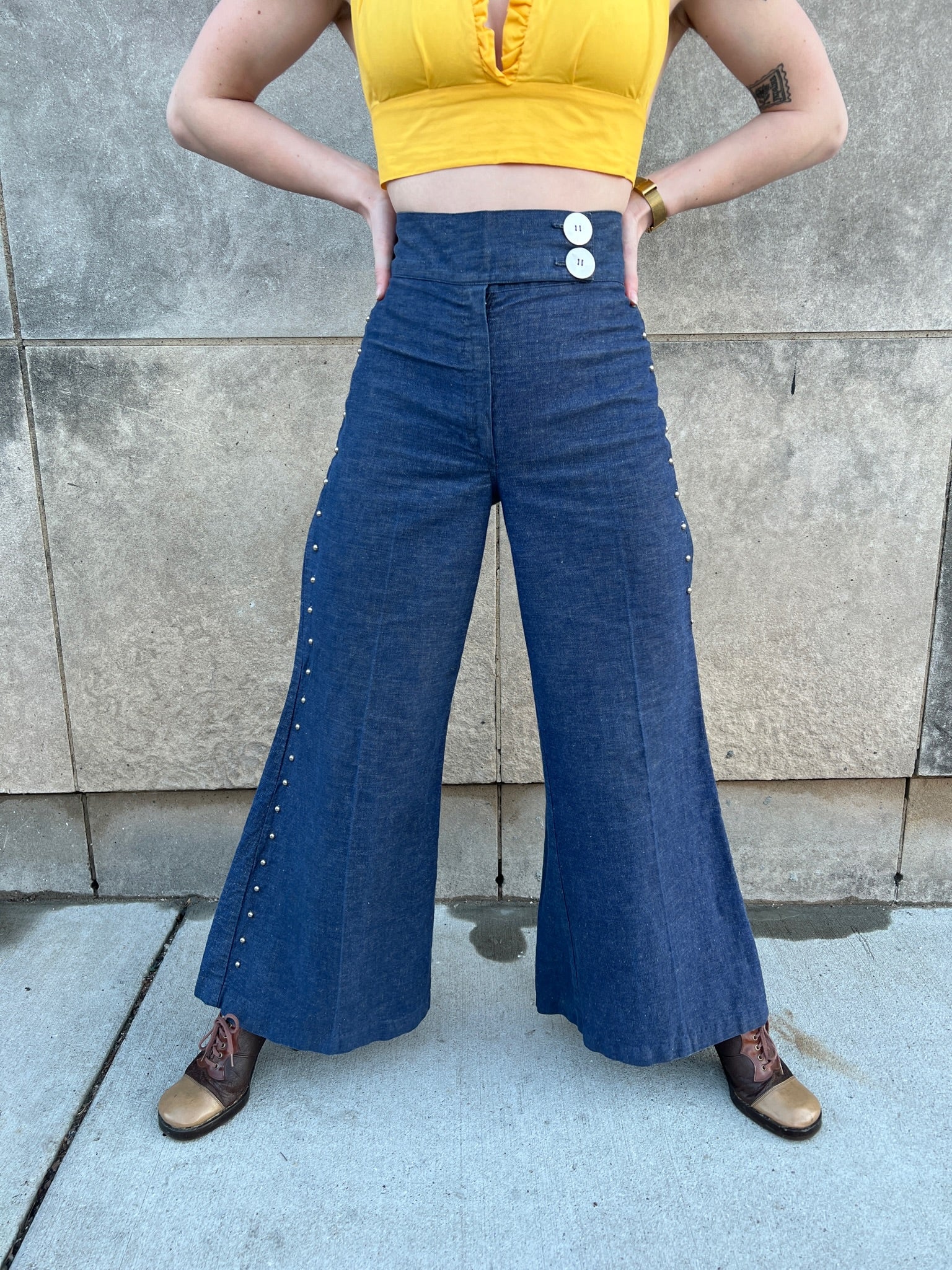 70s Bell Bottom Denim Jeans, Studs down the Sides