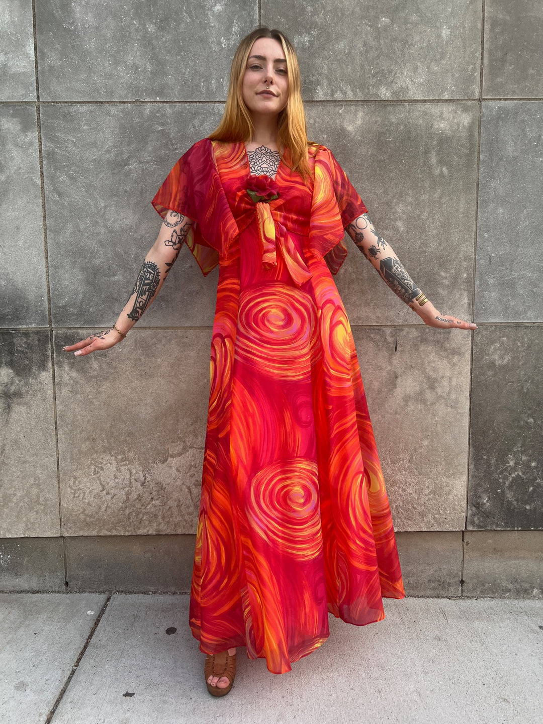70s Red Yellow Print Crepe Maxi Dress, Cropped Jacket