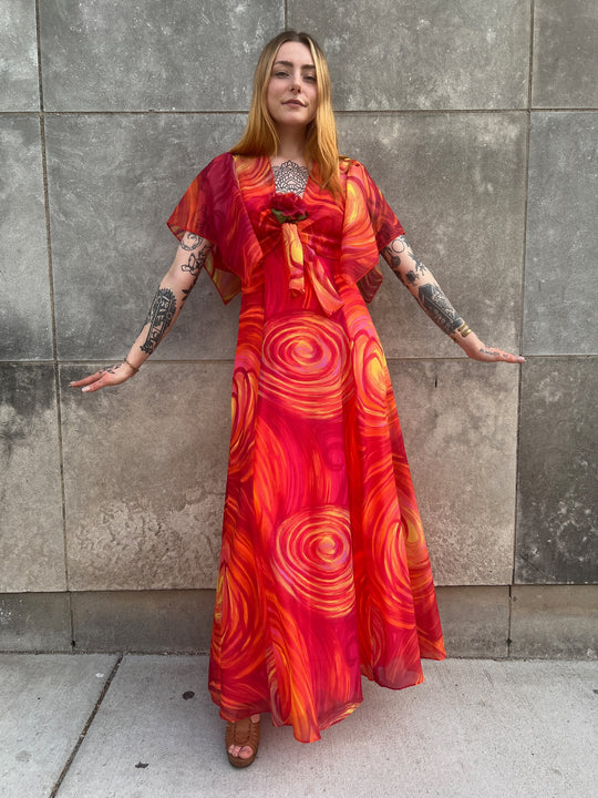 70s Red Yellow Print Crepe Maxi Dress, Cropped Jacket