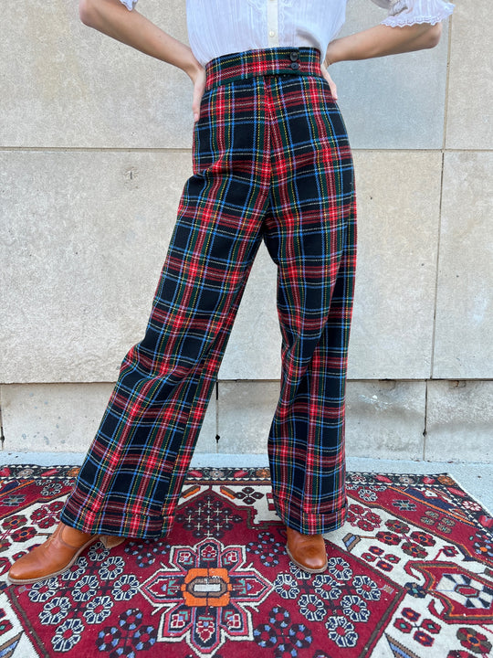 70s Red Plaid Wool Bell Bottom Pants, Prestige of Boston