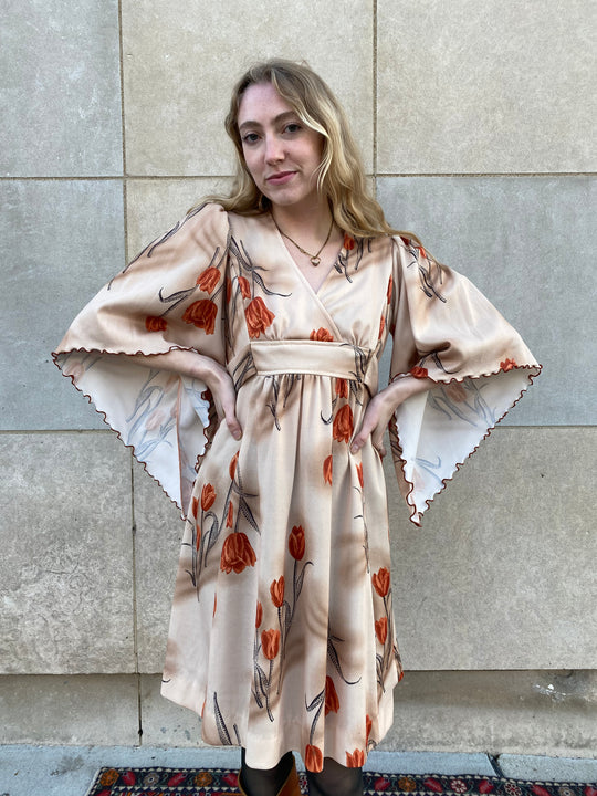 70s Brown Floral Nylon Dress, Angel Wing Sleeves