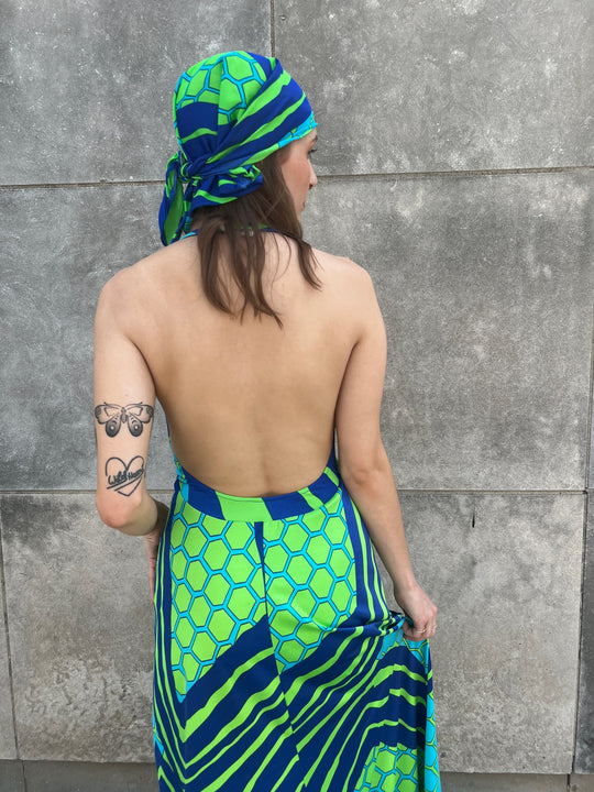 70s Green Blue Vintage Swimsuit Set, Kamehameha