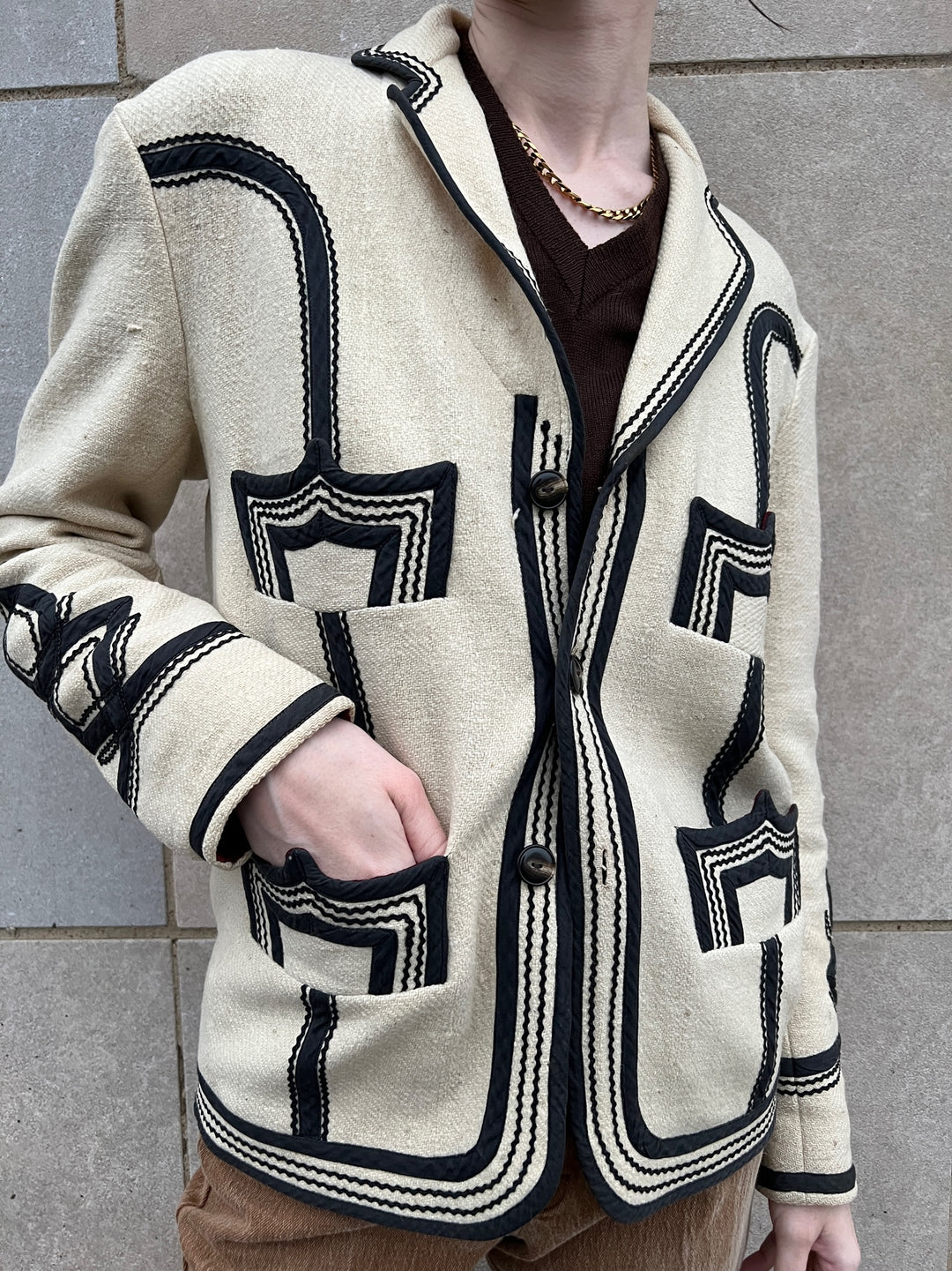70s Ivory Brown Southwestern Wool Vintage Jacket, Black Appliqué