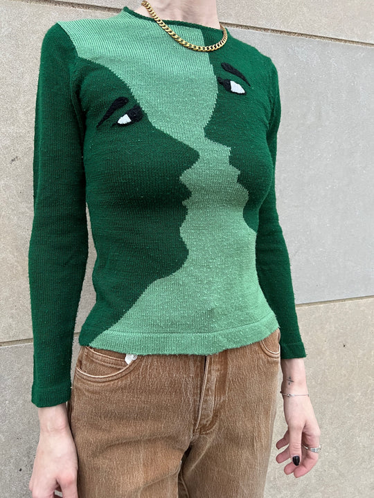 70s 2-Tone Green Acrylic Sweater with 2 Faces, Pronto