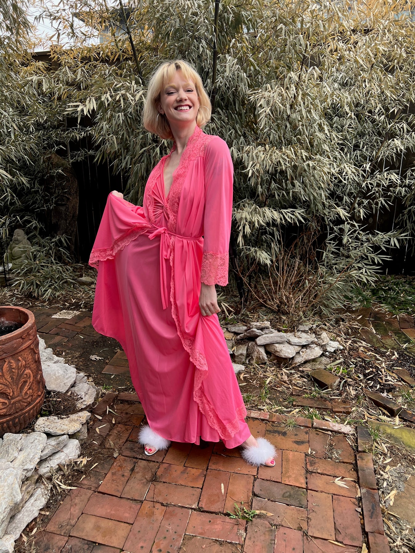 70s Hot Pink Nylon Peignoir Robe Set, Olga 70s Hot Pink Nylon Peignoir Robe Set, Olga