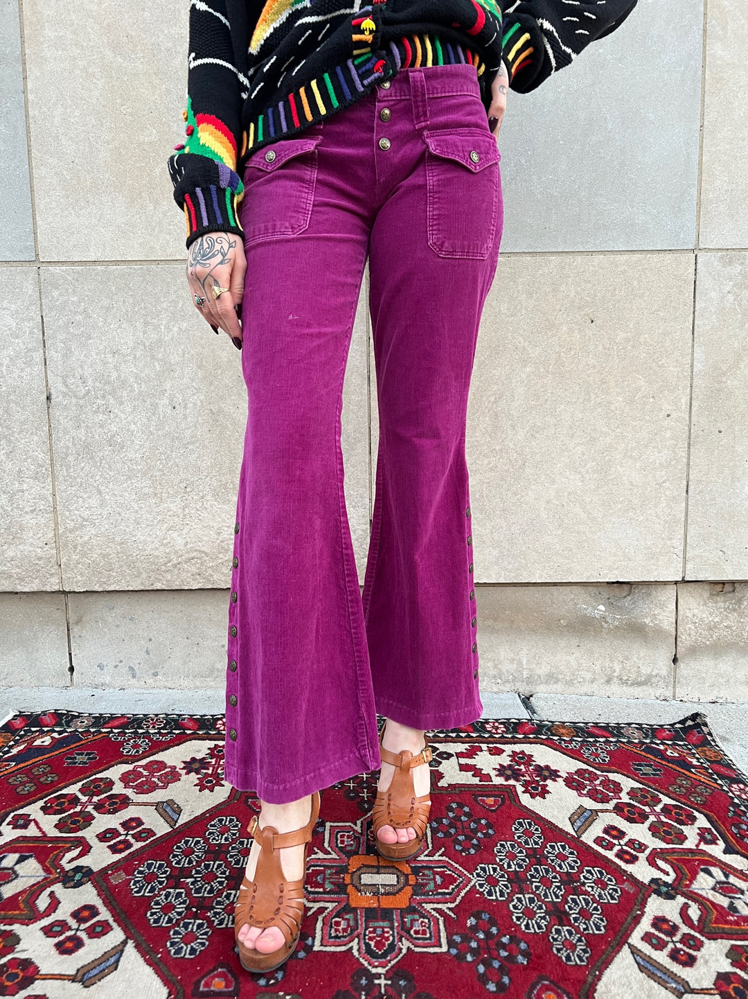 70s Purple Corduroy Bell Bottom Pants, Brass Buttons, Lady Wrangler