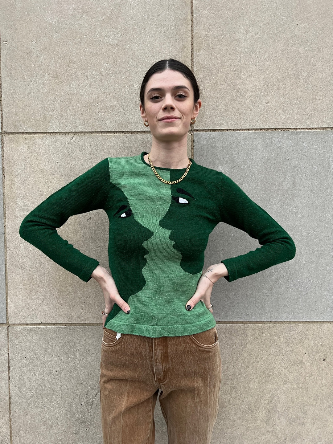 70s 2-Tone Green Acrylic Sweater with 2 Faces, Pronto