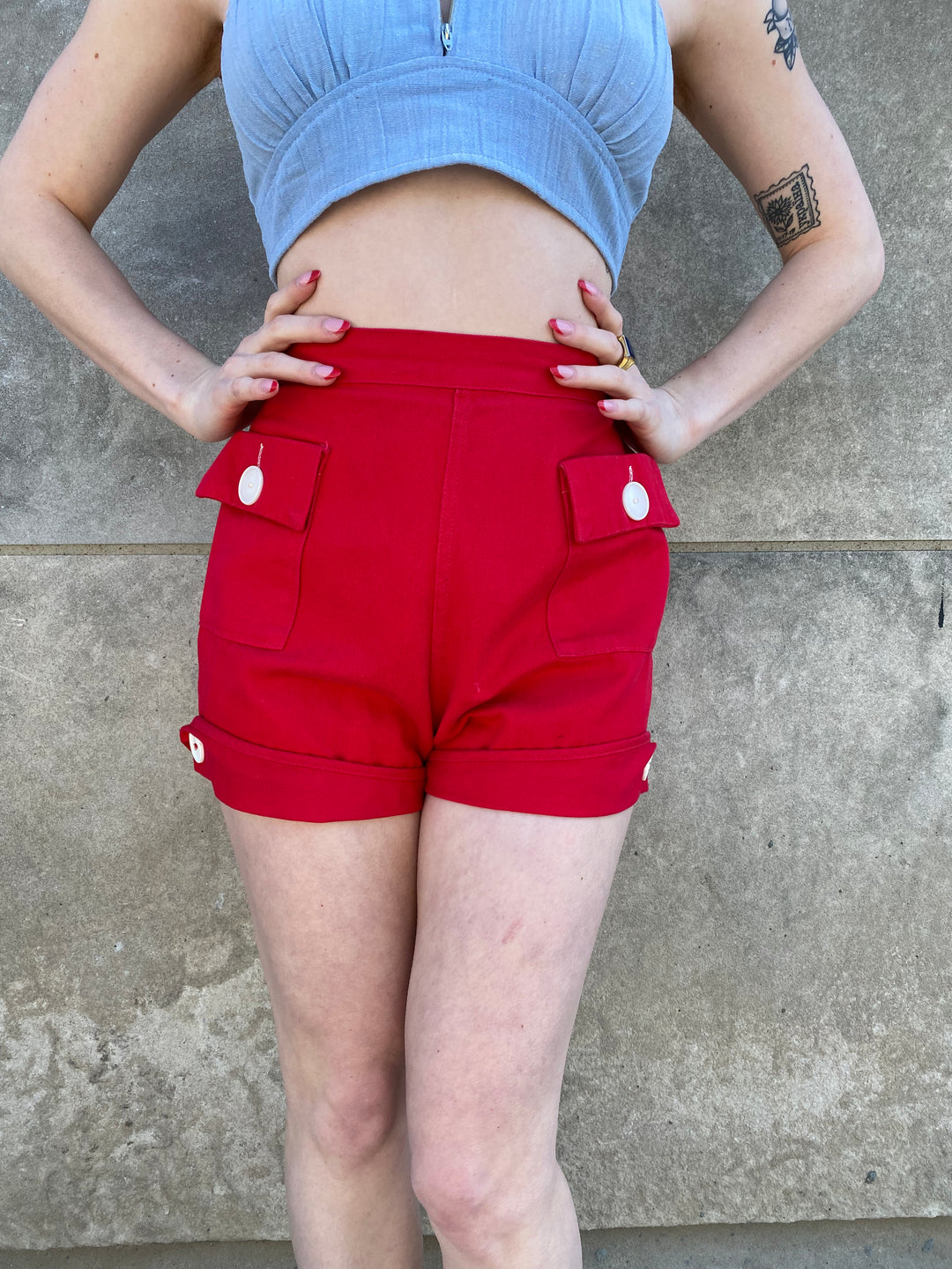 50s Vintage Red Cotton Pin-Up Shorts, White Buttons