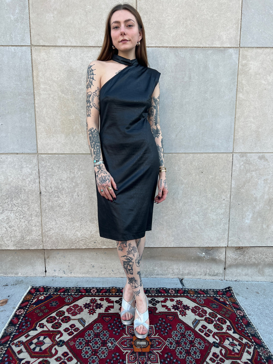 80s Black Nylon Dress, One Shoulder with Cut-Out, P Rich