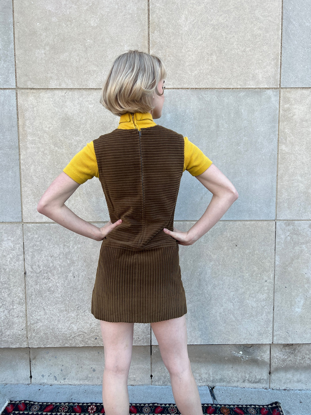 60s Gold Brown Corduroy Mini Dress with Jacket